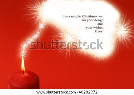 Christmas picture with candle and bubble on red background