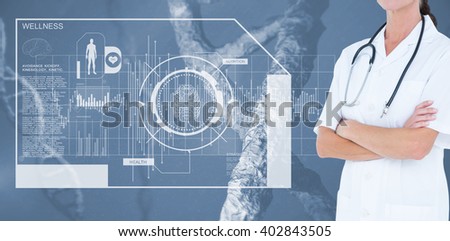Midsection of female doctor standing hands folded against view of dna
