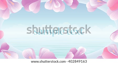 Flowers petals background. Flowers design. Flowers frame. Pink petals against background of turquoise sea. View from the window. Vector