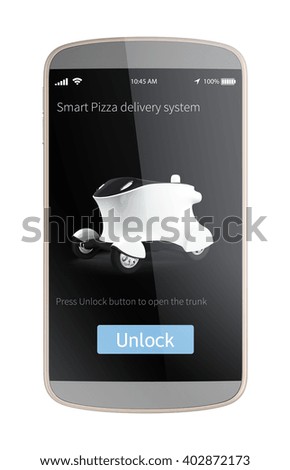 Smart phone apps' interface for order pizza and delivery by robot car. 3D rendering image with clipping path. Original design.
