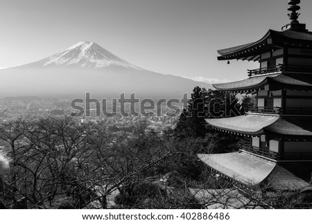 Black and white picture of Chureito pagoda and Mountain Fuji in autumn