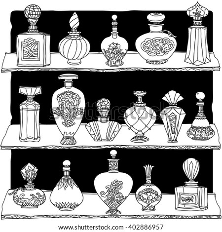 Black and white fantasy vintage perfumes. Pattern for adult coloring book in zenart or zentagle style. Hand-drawn, retro, doodle, vector, zentangle, tribal design colouring book elements.  Zentangle.