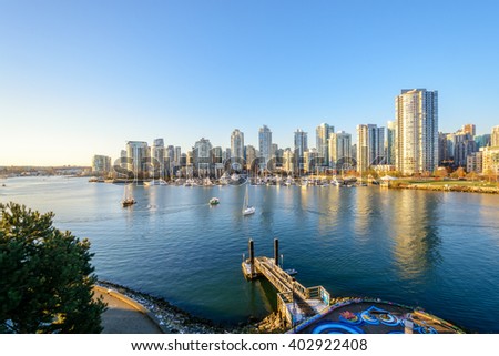 View from the Cambie Bridge. Downtown skyline in Vancouver, Canada.