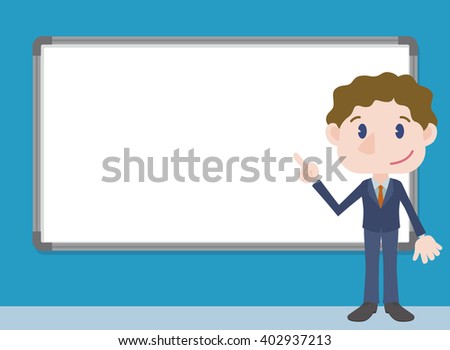 young business person character pointing whiteboard, vector illustration