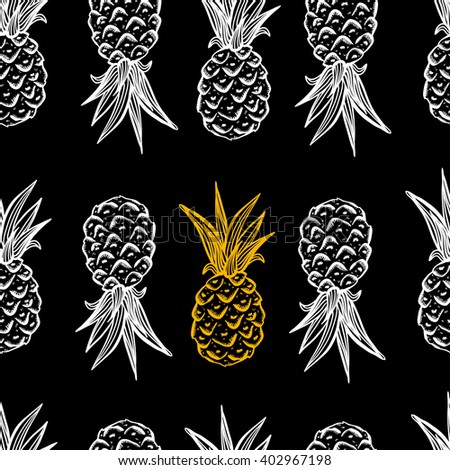 Vector seamless pattern with beautiful pineapples. Seamless pattern on black background with one yellow fruit. Summer pattern. Fruit pattern. Thai pattern with doodle fruits.