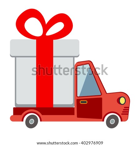 Delivery flat transport truck, van with gift box pack on white. Delivery service van, delivery truck, gift box. Wedding box, birthday box. Product goods shipping transport vector illustration.