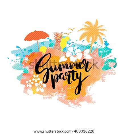 Summer party poster, placard, card, flyer, invitation template.  creative background with palm, flowers. pineapple, cocktail. 
