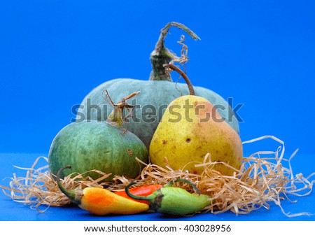 picture of a pear, pumpkins and chilli peppers on a blue background