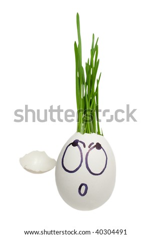 Chicken egg with a germinating grass. Ludicrous image of person
