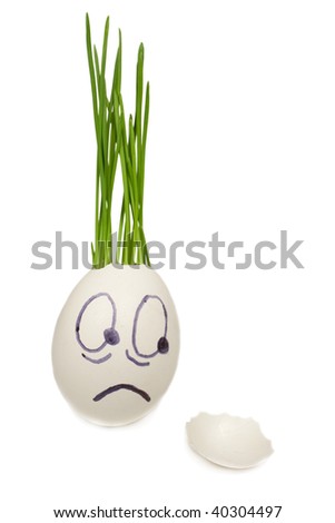 Chicken egg with a germinating grass. Ludicrous image of person
