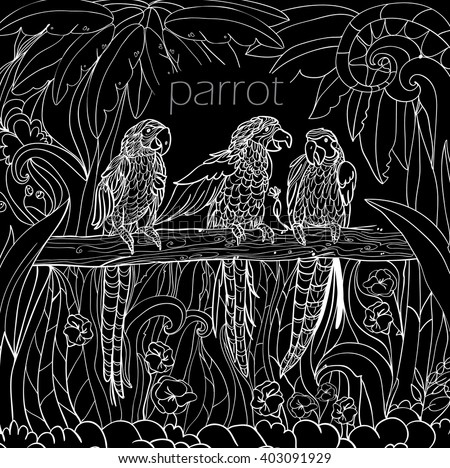 Coloring pages with tropical parrots, flowers and leaves. Background. Vector.