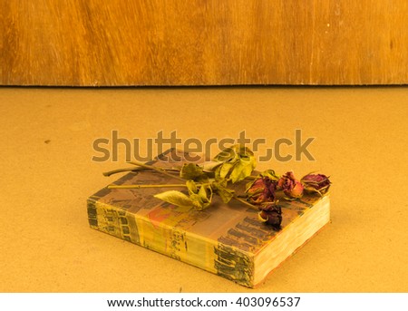 Vintage still life . Old wither roses and old book in the dark room. Lonely time.