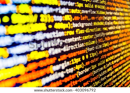  Programming code. Programming code abstract screen of software developer. Source code photo. Website programming code. Technology background. Writing program code on computer. Computer script.  
