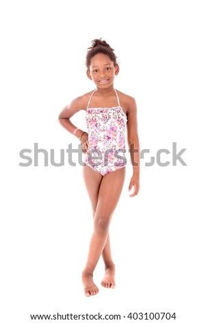 little girl with swimsuit isolated in white background
