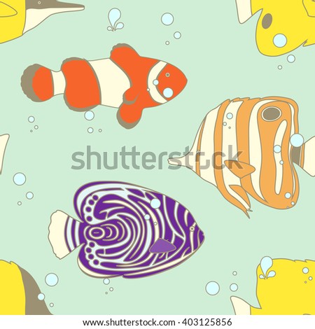 Seamless patter with tropical marine fishes. Vector illustration.
