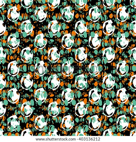 Seamless abstract flower pattern with orange, green and white elements on black background