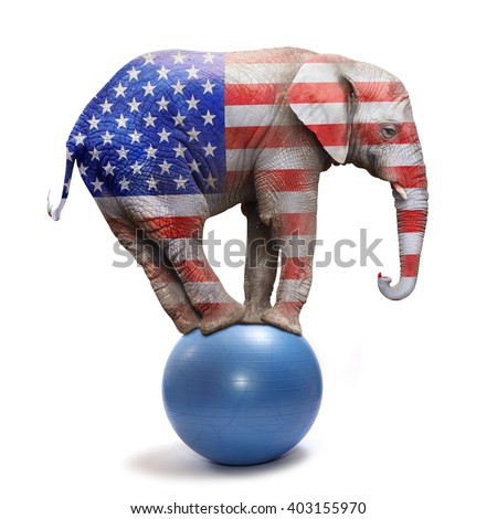 Republican elephant colored as a american flag balancing on blue ball. Big elephant going to elections. Digital artwork on political theme. 