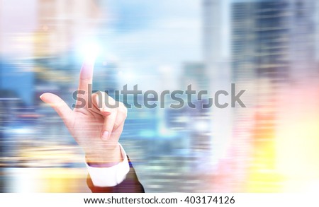 Hand touching virtual screen with index finger, blurred office background. Concept of touch screen. 3D rendering