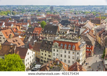 Aerial view of Konstanz city (Germany) and Town of Kreuzlingen (Switzerland) on the background Royalty-Free Stock Photo #403175434