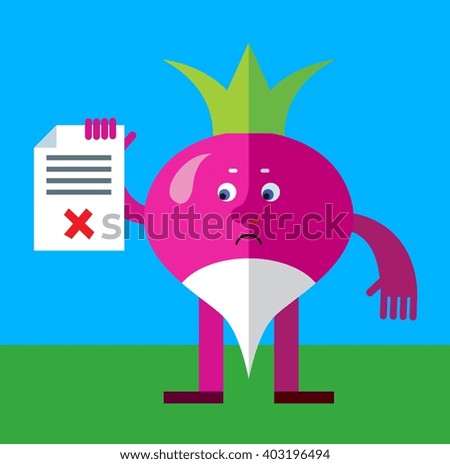 Radish holding checklist with X sign. Flat style vector illustration. Funny cartoon character for agriculture or food design