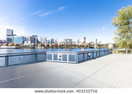 empty steel floor with cityscape and skyline in portland