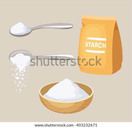 Starch set: pack, spoon and bowl. Do pour. Baking and cooking ingredient. Cartoon vector. Food seasoning. Kitchen utensils Royalty-Free Stock Photo #403232671