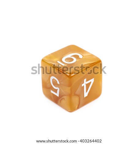 Roleplaying orange polyhedral gaming plastic dice cube isolated over the white background