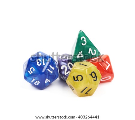 Pile of colorful roleplaying polyhedral dices isolated over the white background