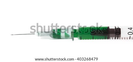 Medical syringe filled with the green liquid, composition isolated over the white background, close-up crop fragment 