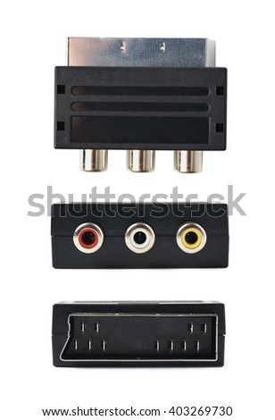 Male SCART AV black plastic adaptor isolated over the white background, set of three different foreshortenings