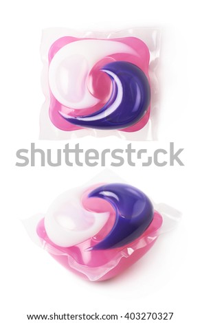 Washing detergent capsule pod isolated over the white background, set of two different foreshortenings