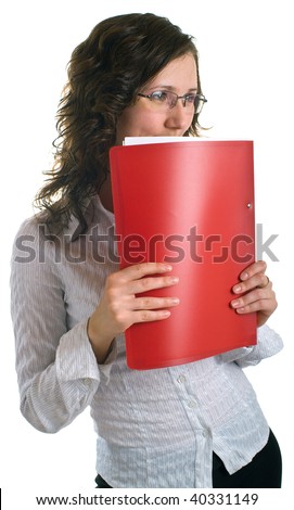 young women in glasses with a folder in hands. Isolated on white background