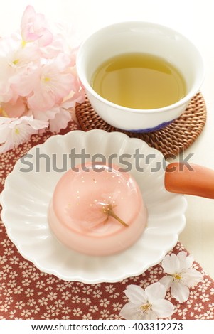 Japanese confectionery, edible flower Sakura in Kanten Jelly with green tea