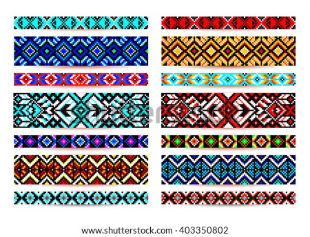Trendy, contemporary ethnic seamless pattern, embroidery cross, squares, diamonds, chevrons. Beads, bracelet, ribbon, lace, bead weaving.