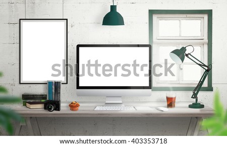Computer display on office desk. Isolated, white screen for mockup. Creative modern desk with books, camera, keyboard, mouse, muffin, lamp, tea. Isolated picture, poster frame on wall.