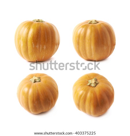 Single ripe orange pumpking isolated over the white background, set of four different foreshortenings
