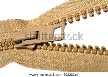 Unzipped brown zipper isolated on white background.