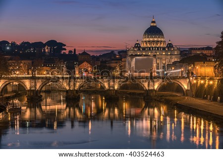Rome, Italy: St. Peter's Basilica, Saint Angelo Bridge and Tiber River in the sunset. Beaufitul representative picture of Forever City.
