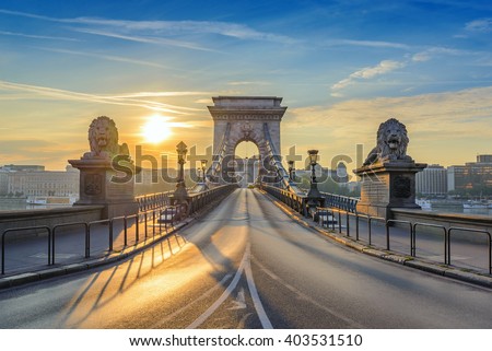 Budapest Hungary, sunrise at Chain Bridge Royalty-Free Stock Photo #403531510