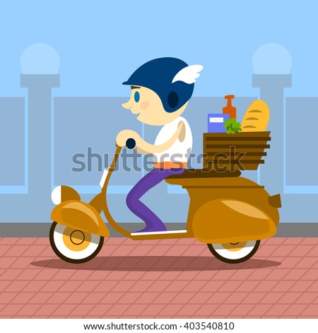 Man Ride Motorcycle Scooter Delivery Service Retro Transport Flat Vector Illustration