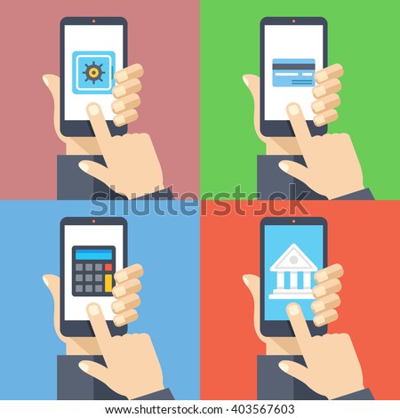 Hands with smartphones 4 banners set. Mobile banking, personal account, pay with smartphone, calculations, deposit concepts for web banners, web sites, infographics. Flat design vector illustration