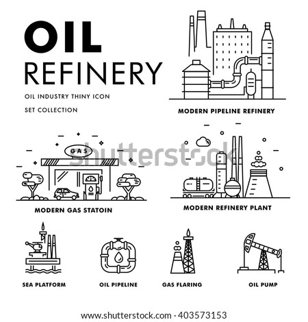 Modern petrol industry thin block line flat icons and composition with gas station technology  and development gasoline program in black and white style Royalty-Free Stock Photo #403573153
