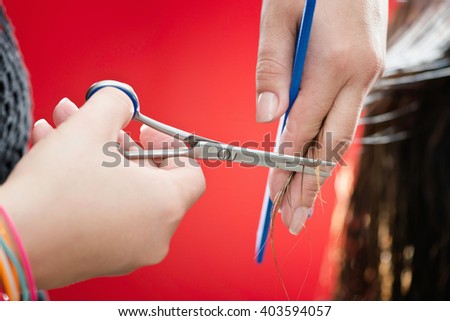 Hairdresser cutting hair, close-up