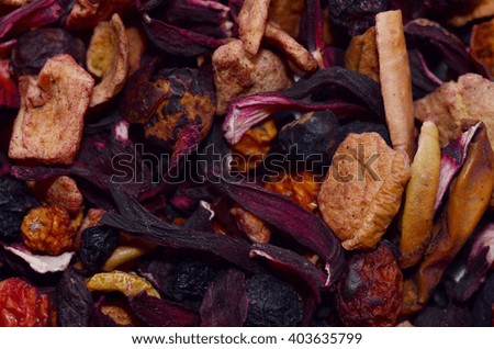 Mixture herbal floral fruit tea with petals, dry berries and fruits