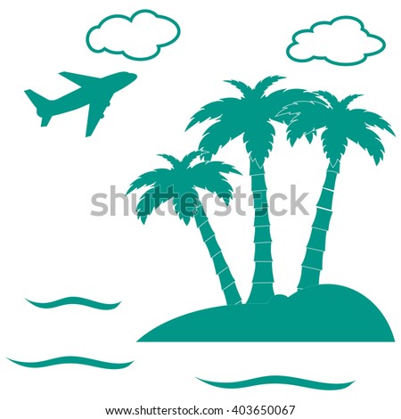 Stylized icon palm trees on an island in the ocean and a flying plane on white background