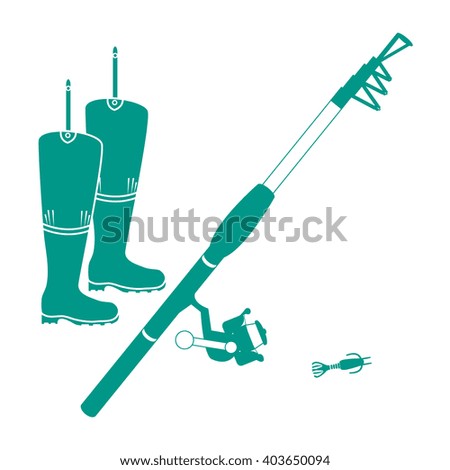 Stylized icon set of different tools for fishing on a white background