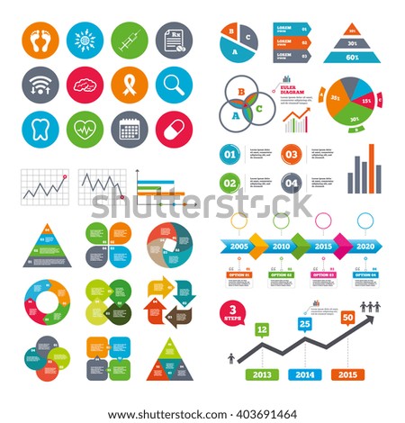 Wifi, calendar and web icons. Medicine, medical health and diagnosis icons. Syringe injection, heartbeat and pills signs. Tooth, neurology symbols. Diagram charts design.