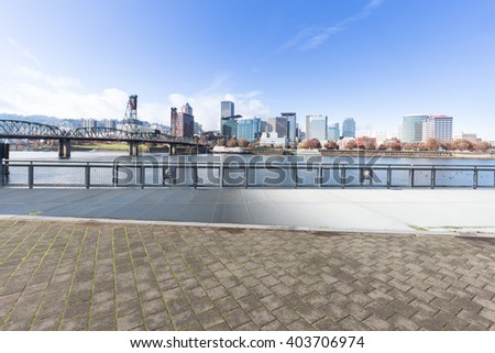 empty steel floor with cityscape and skyline in portland