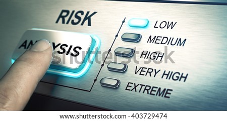 man finger about to press an analysis push button. Focus on the blue led. Concept image for illustration of risk management or assessment. Royalty-Free Stock Photo #403729474