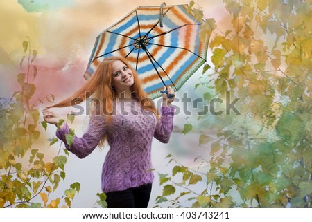 Thoughtful woman on the bridge under an umbrella, rainy day